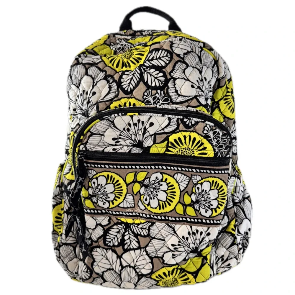 Vera Bradley Backpack Floral Design School Pockets Travel Yellow Neon Weekender - Picture 2 of 16
